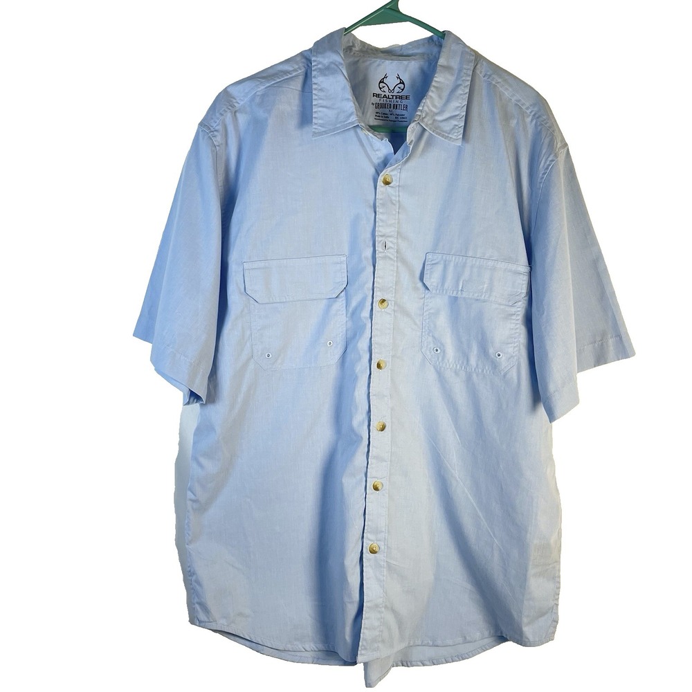 Realtree Fishing Shirt Mens XL Lt Blue Short Sleeve Vented Button Front Outdoor